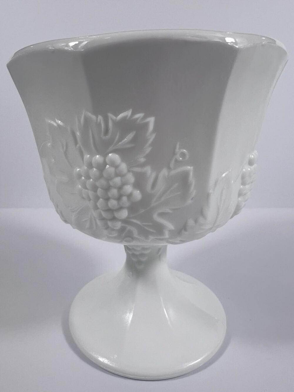 Vintage White Milk Glass Compote Pedestal Dish Grape & Leaf Pattern